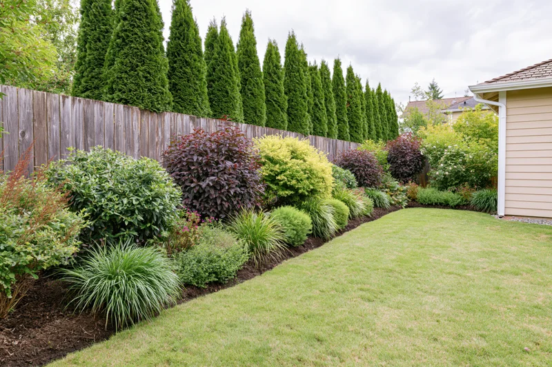 Landscaped suburban backyard with manicured green lawn bordered by shrubs and evergreen hedge along wooden fence