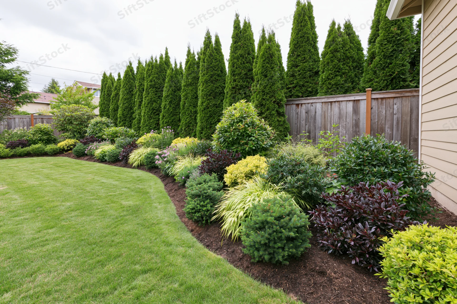 Landscaped suburban backyard with manicured green lawn and shrub border along wooden fence