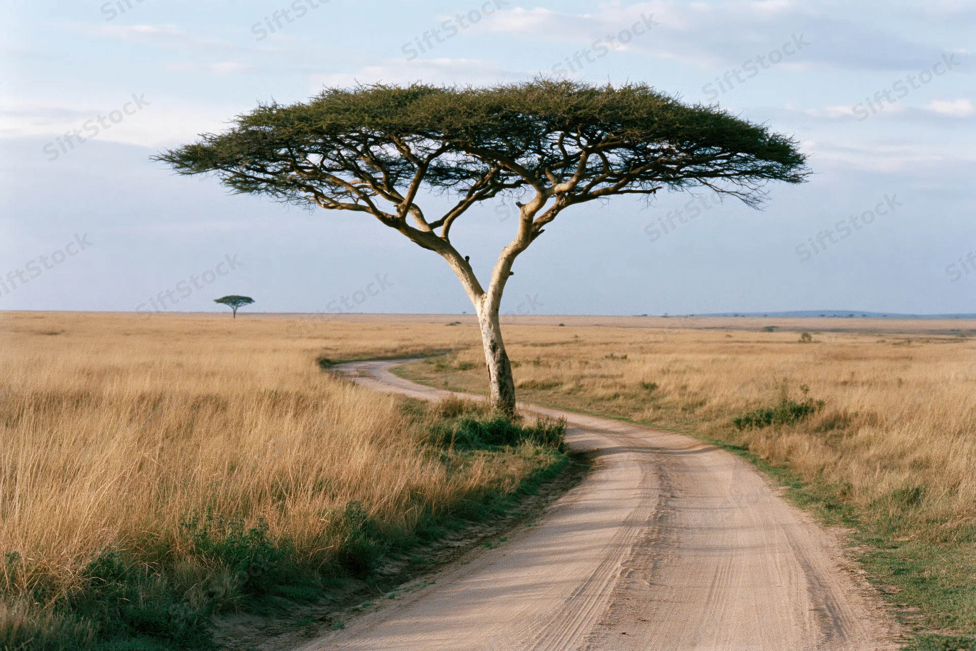 Lone acacia tree beside winding dirt road in savanna grassland