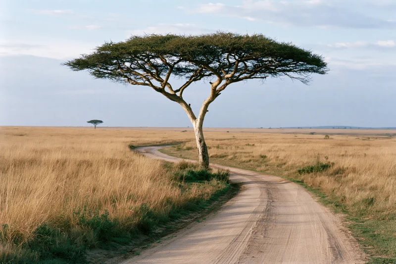 Lone acacia tree beside winding dirt road in savanna grassland