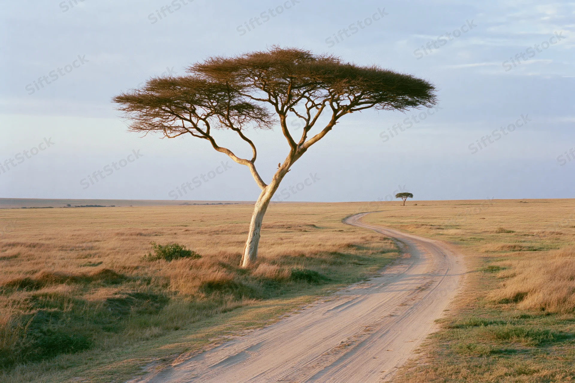 Lone acacia tree beside winding dirt road in savanna grassland at dusk