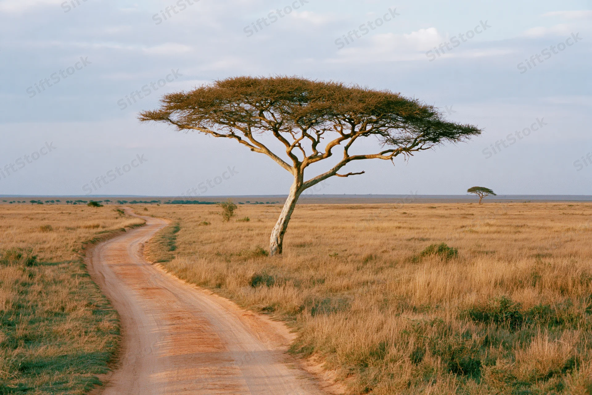 Lone acacia tree beside winding dirt road in savanna landscape