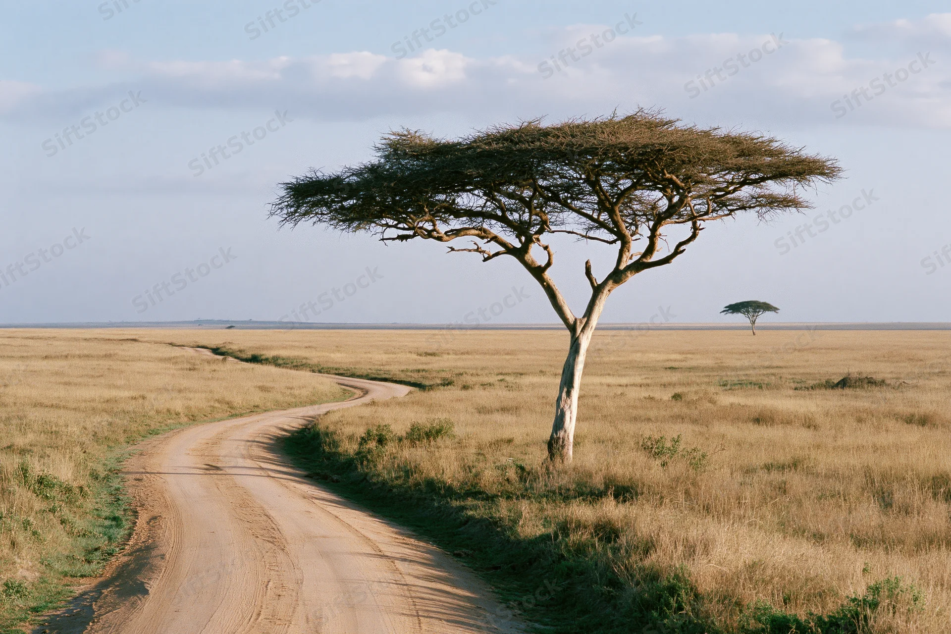 Lone acacia tree beside a winding dirt road in the savanna