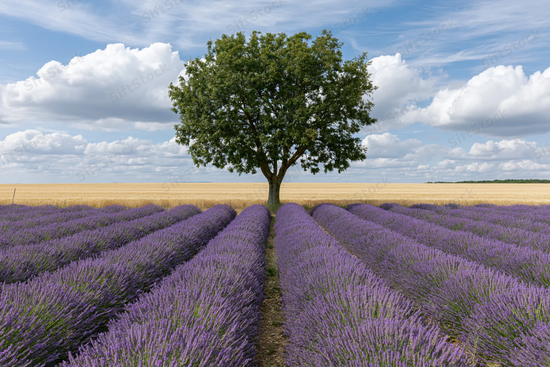 Lone broadleaf tree standing at the end of converging lavender rows in a rural field under a blue sky with clouds