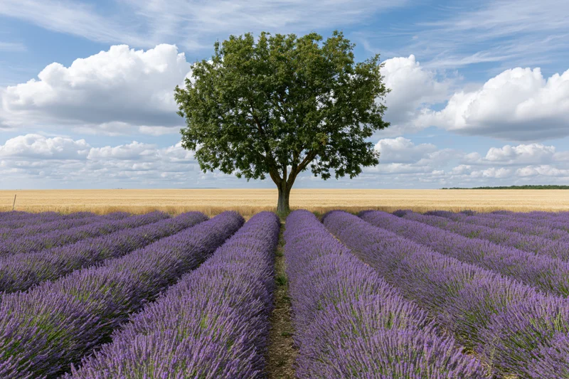 Lone broadleaf tree standing at the end of converging lavender rows in a rural field under a blue sky with clouds