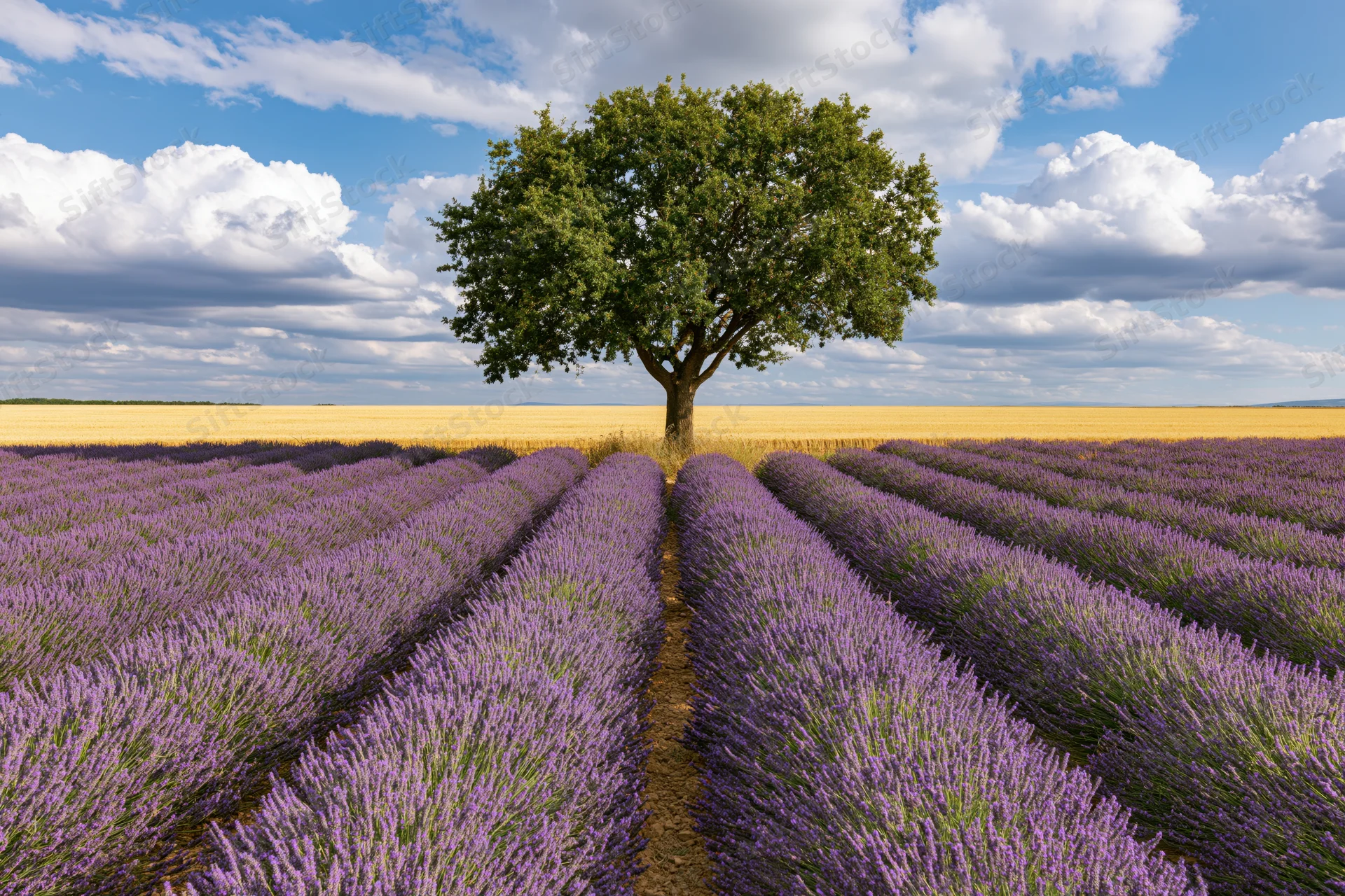 Lone broadleaf tree standing at the end of converging lavender rows in a rural field under a blue sky with clouds