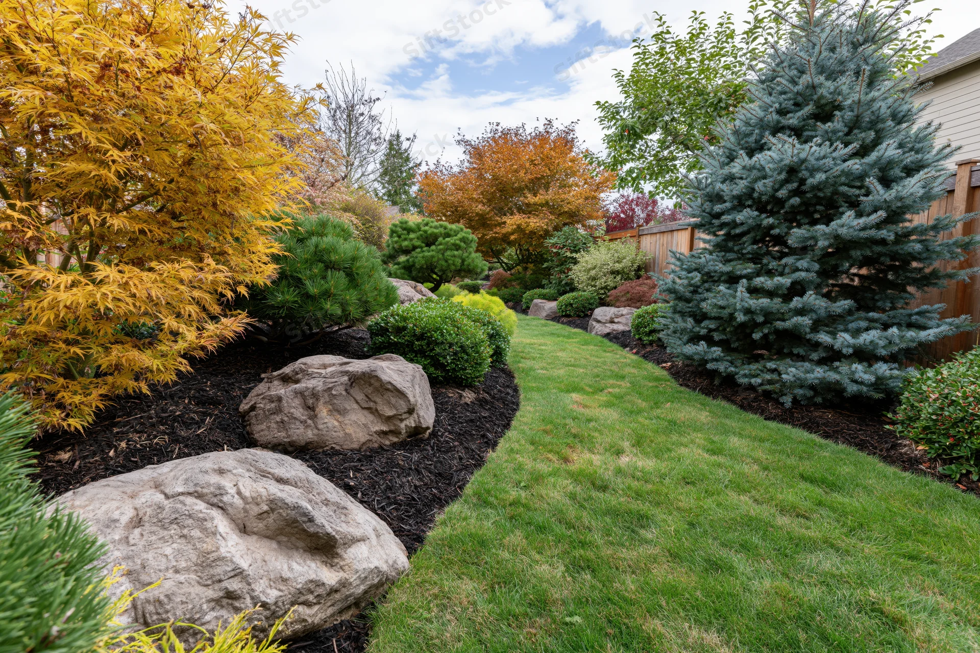 Manicured backyard garden with narrow green lawn flanked by autumn-colored trees and shrubs in mulched beds with large rocks