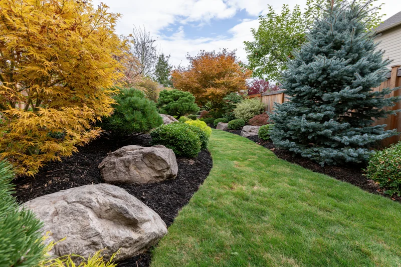 Manicured backyard garden with narrow green lawn flanked by autumn-colored trees and shrubs in mulched beds with large rocks