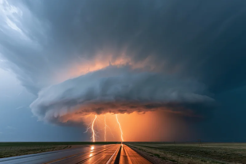 Rotating supercell thunderstorm with lightning over flat plain road
