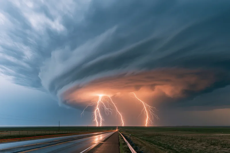 Rotating supercell thunderstorm with lightning over wet highway in flat plains