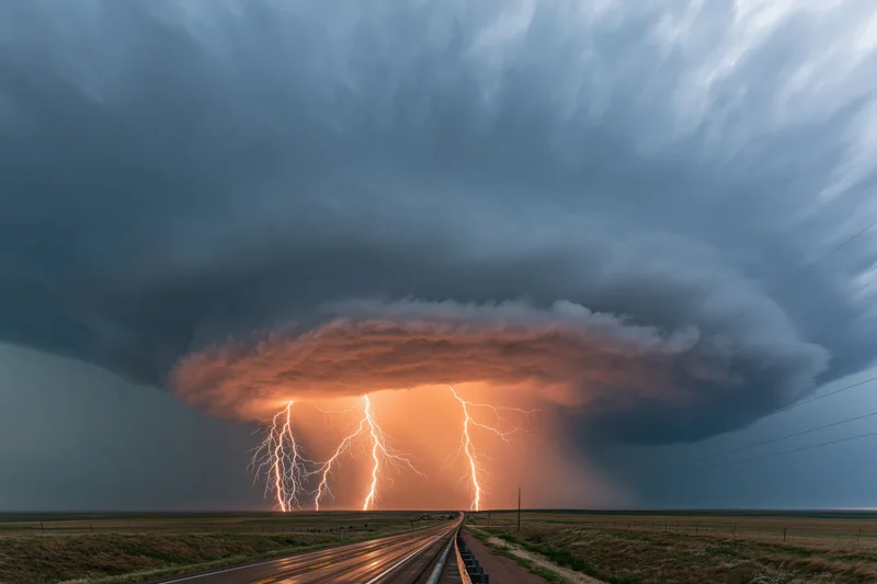 Rotating supercell thunderstorm with lightning over flat plains and highway