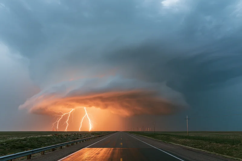 Rotating supercell thunderstorm with lightning over flat highway in the great plain