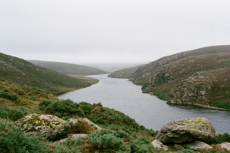 Misty river winding through low rocky hills covered in green vegetation and mossy stones