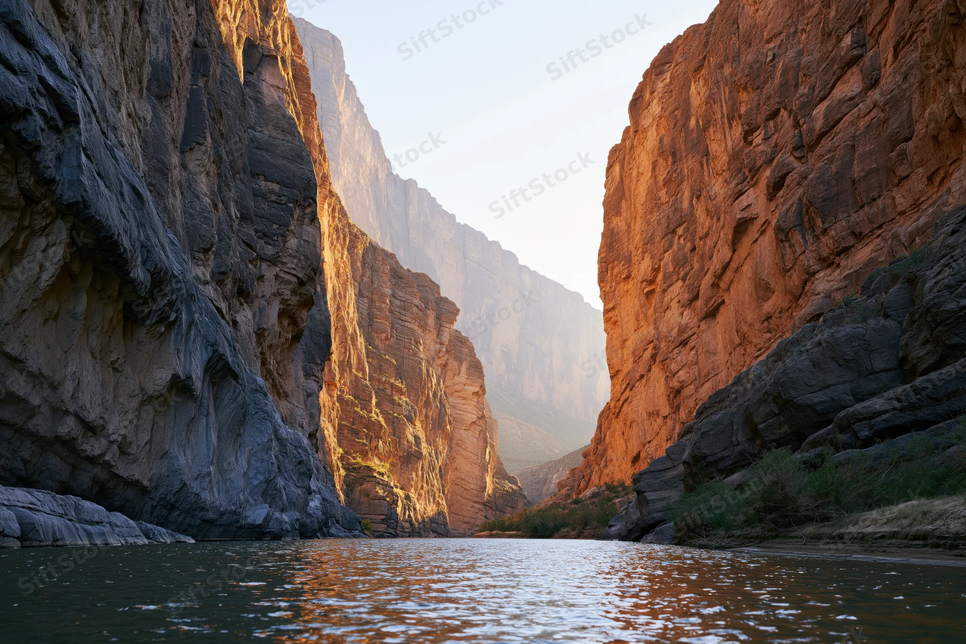 River flowing through narrow desert canyon flanked by towering sandstone cliffs