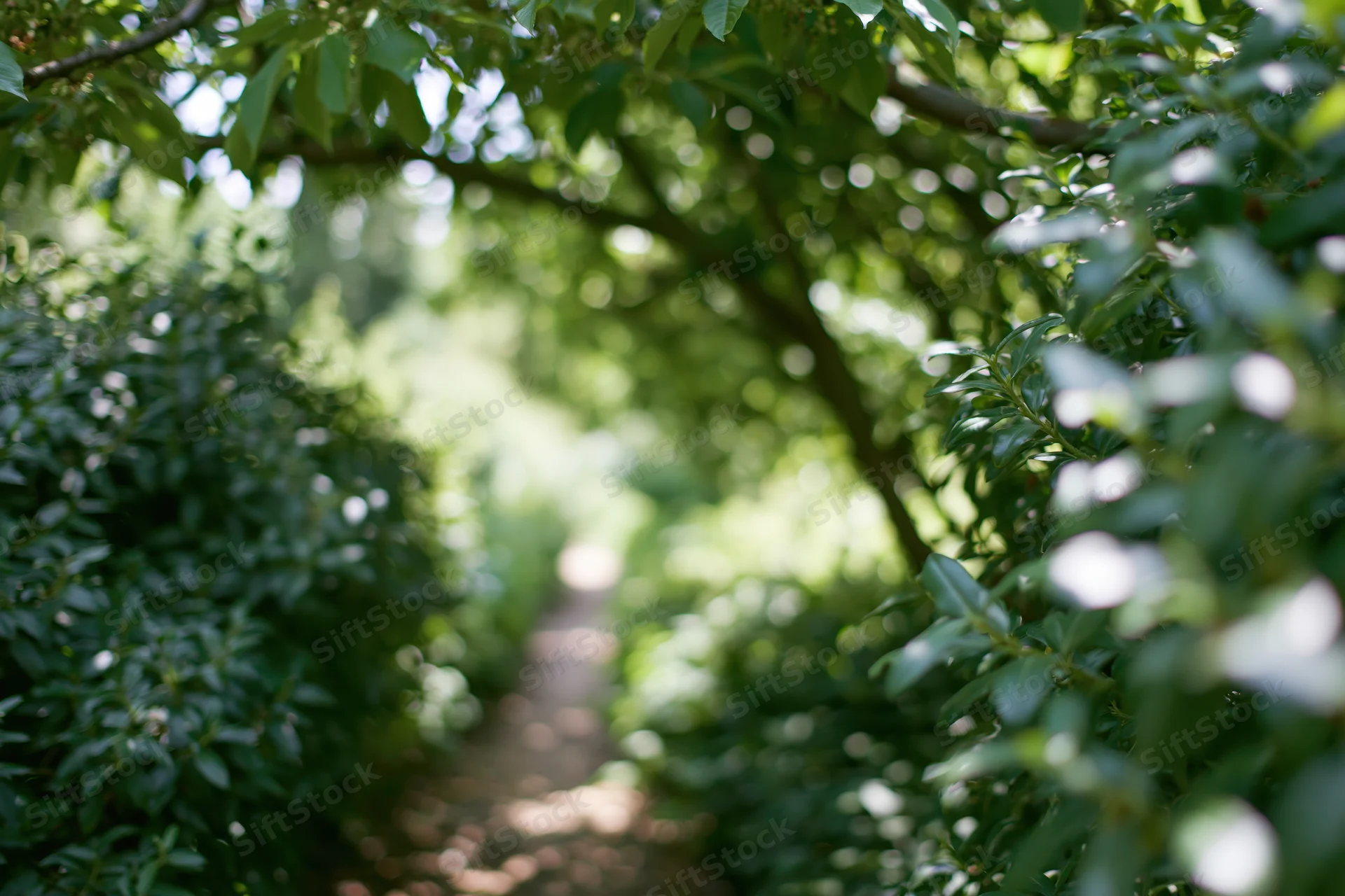 Narrow garden path receding into distance flanked by dense green foliage and trees