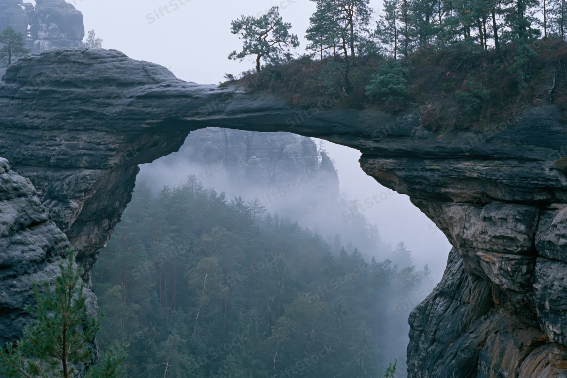 Natural sandstone rock arch spanning a misty gorge with sparse pine forest below