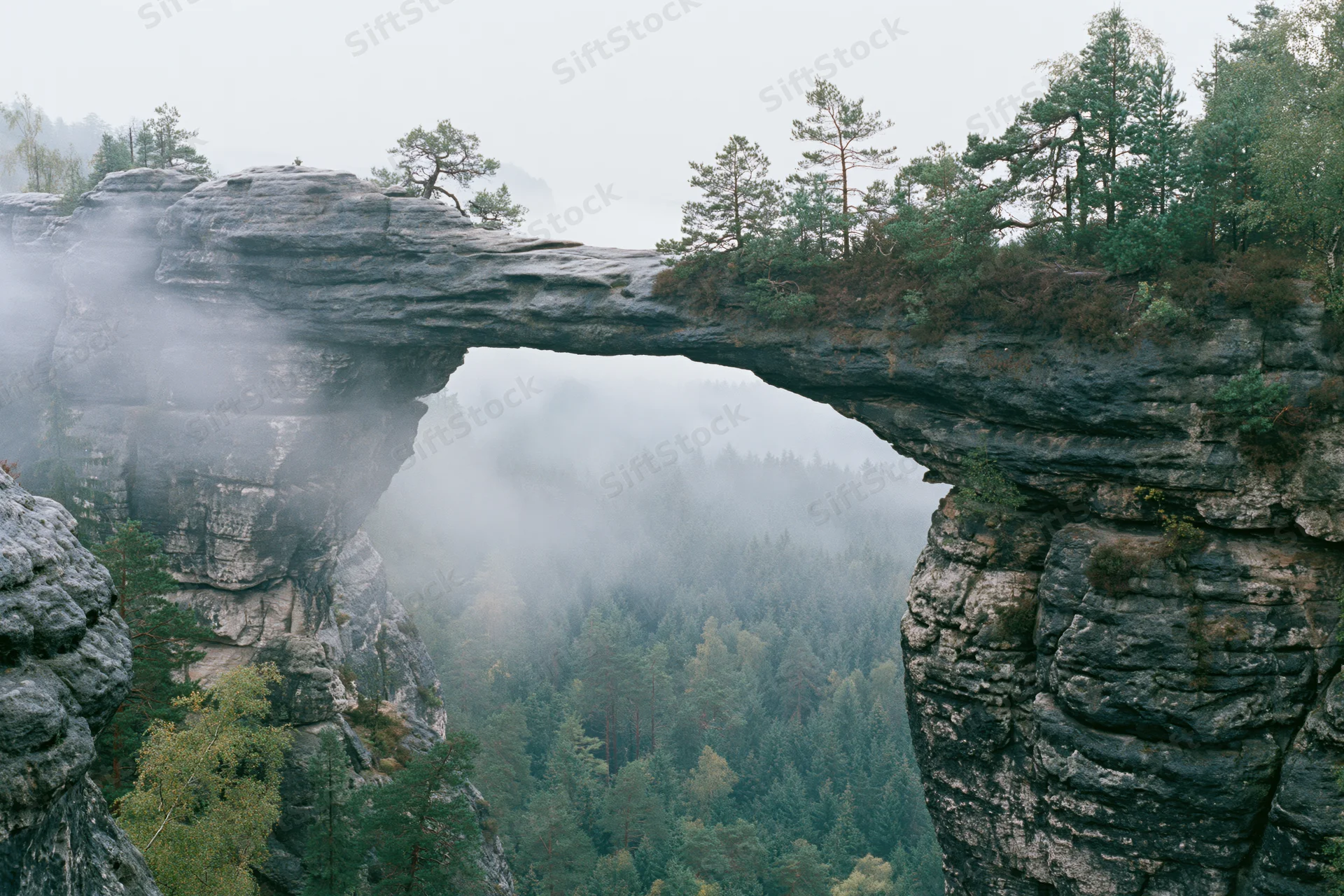 Natural sandstone rock arch spanning a misty gorge with sparse pine trees on the cliffs