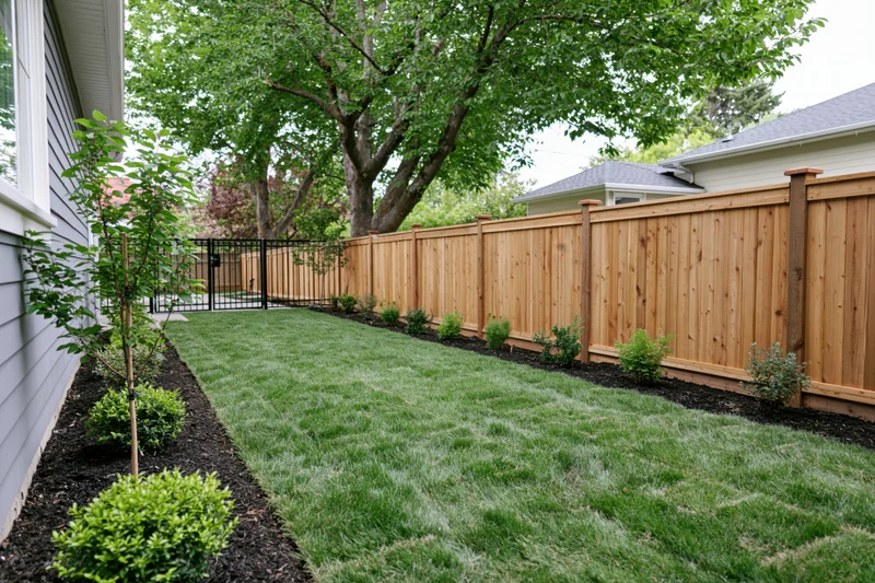 Newly landscaped suburban backyard with freshly laid sod and wooden privacy fence along the property line
