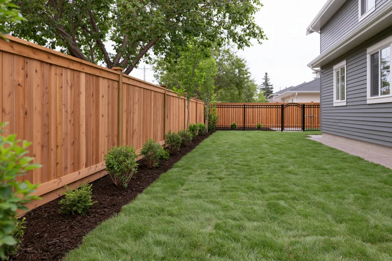 Newly landscaped suburban backyard with freshly laid sod and wooden privacy fence along the property line