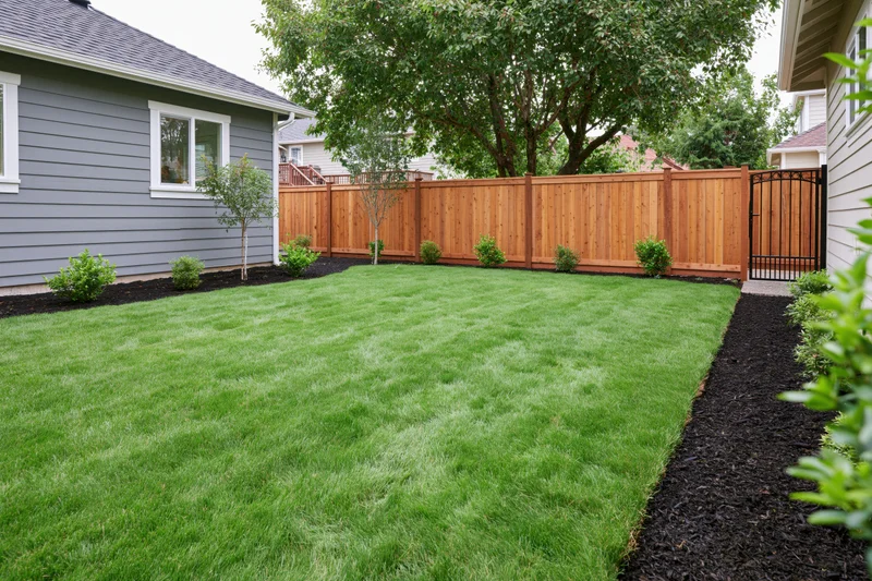 Newly landscaped suburban backyard with freshly laid sod and dark mulch borders along wooden privacy fence