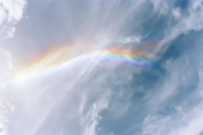 Overexposed daytime sky with wispy clouds and a faint rainbow visible through the brightness