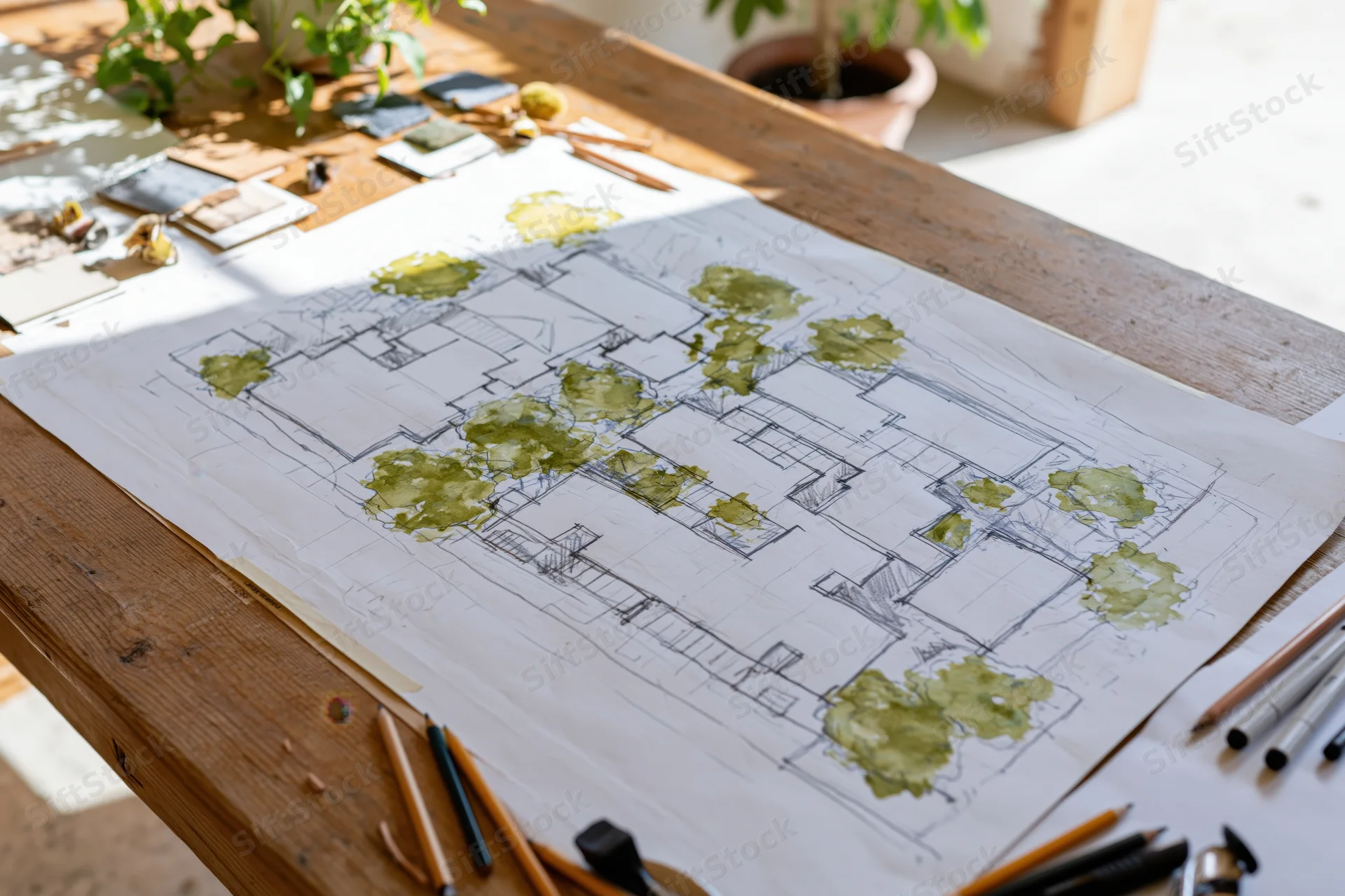 Architectural site plan drawing with watercolor greenery on wooden desk surrounded by design tools and natural light