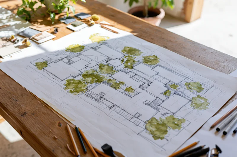 Architectural site plan drawing with watercolor greenery on wooden desk surrounded by design tools and natural light