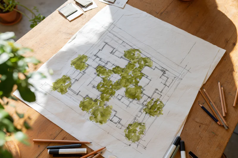 Architectural site plan drawing with watercolor trees and drafting tools on wooden table