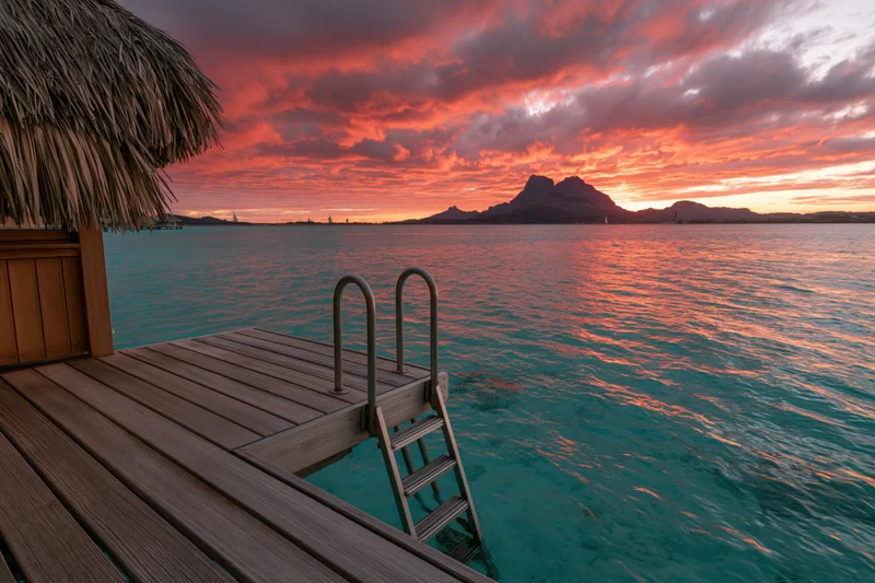 Overwater bungalow with thatched roof and wooden deck overlooking turquoise ocean at sunset