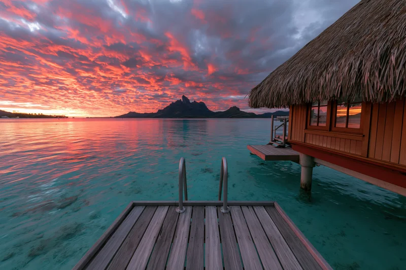 Overwater bungalow with thatched roof and wooden deck overlooking turquoise ocean at sunset