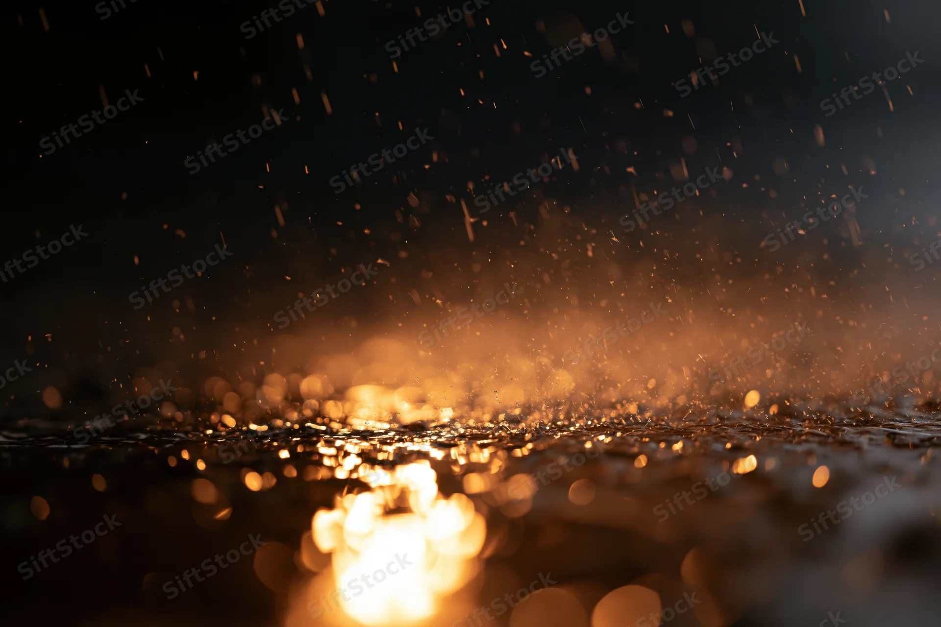 Rain falling on a wet dark surface at night with golden light reflections and bokeh effects