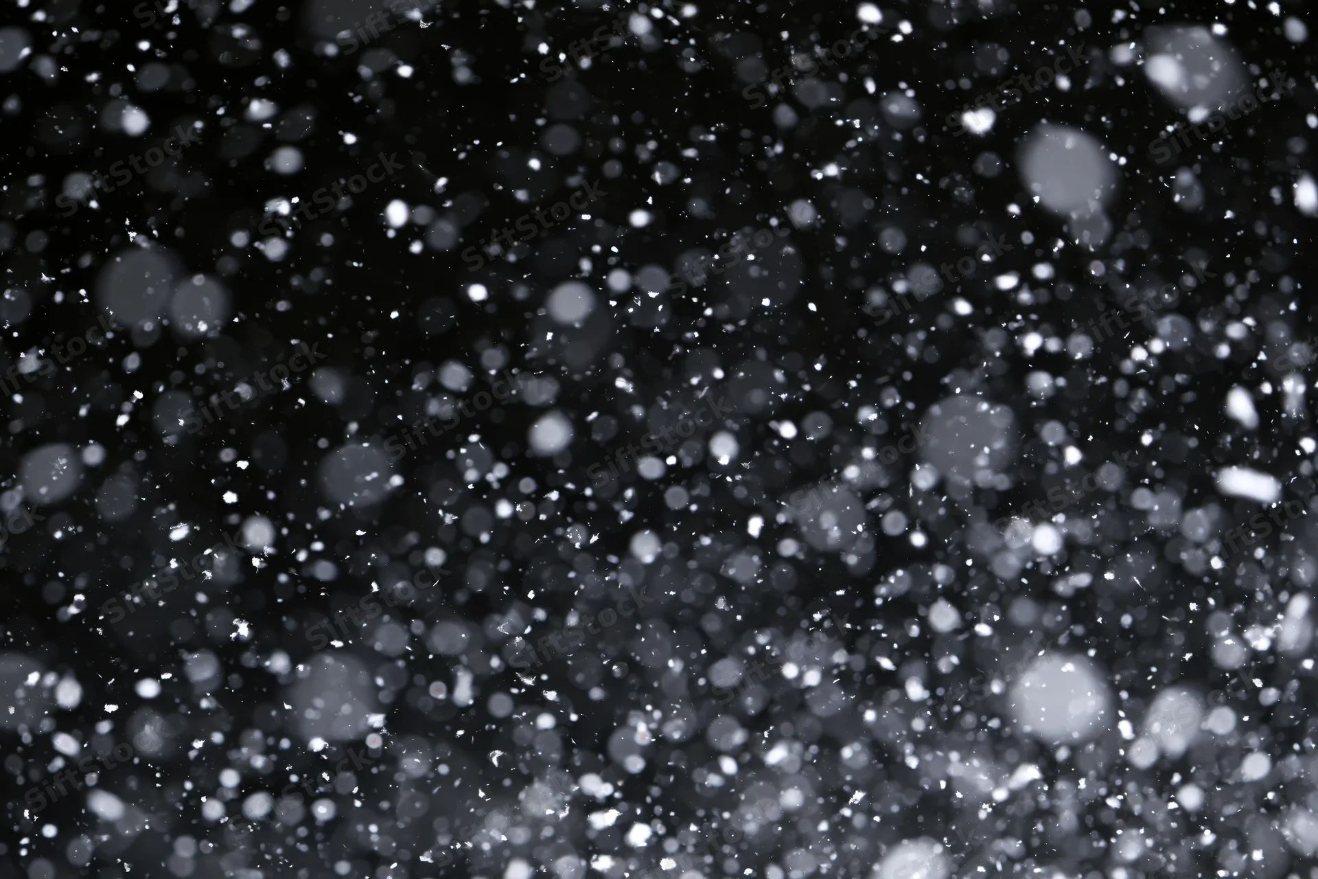 Snowflakes falling densely against a black night sky