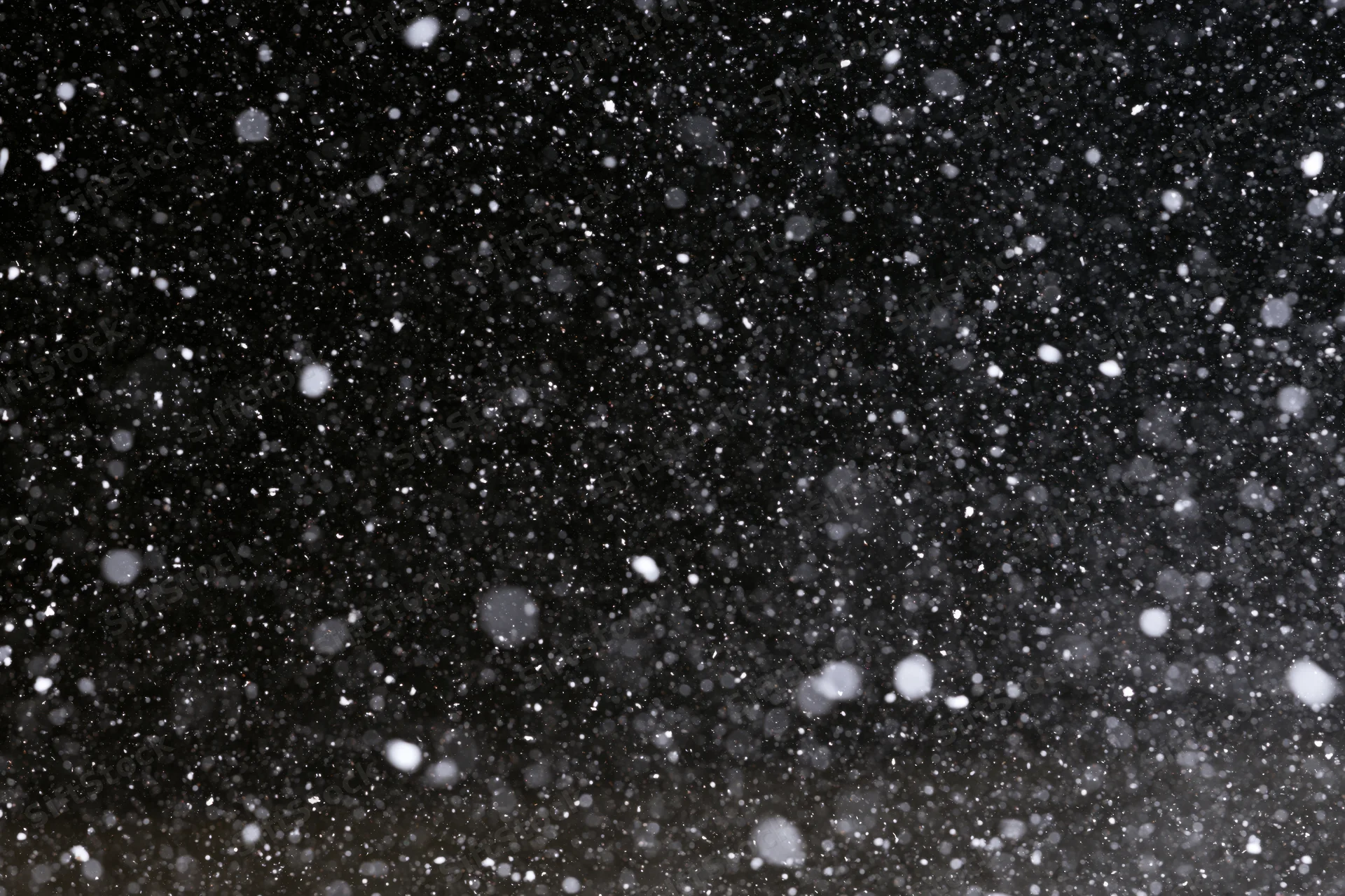 Snowflakes falling densely against a black night sky