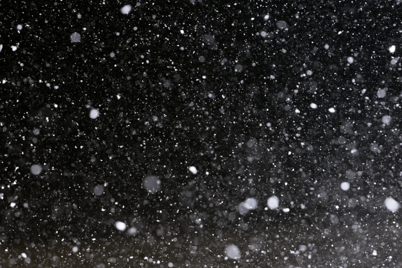 Snowflakes falling densely against a black night sky