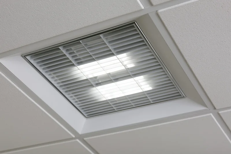Recessed fluorescent grid light fixture mounted in a dropped ceiling tile system