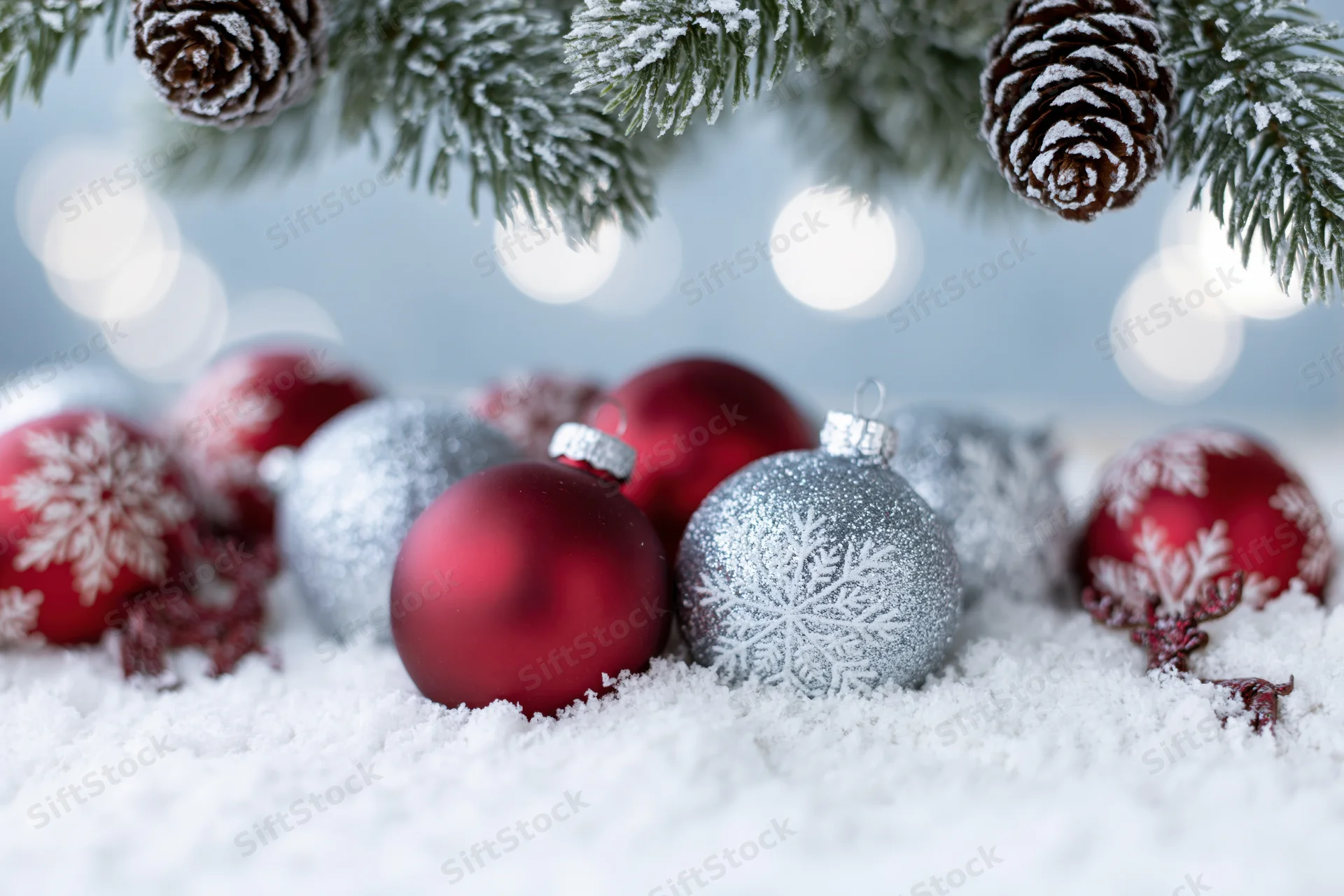 Red and silver christmas ornaments with snowflake patterns resting in snow beneath snowy pine branches