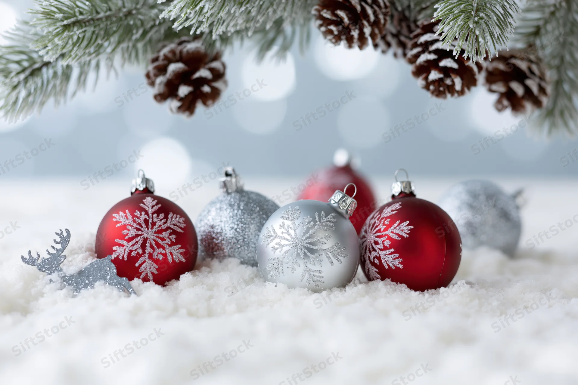 Red and silver snowflake ornaments arranged in snow beneath frosted pine branches