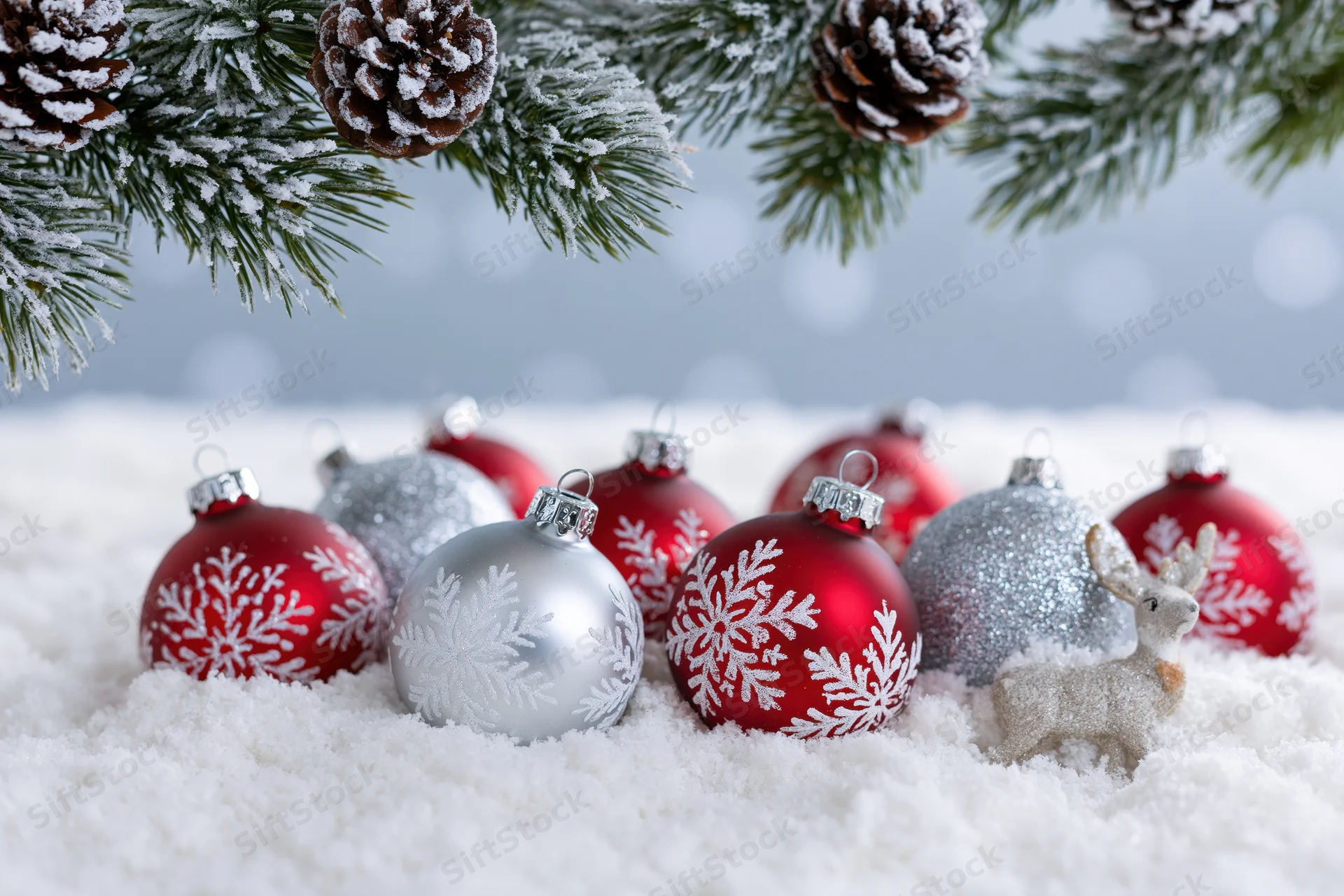 Red and silver snowflake ornaments arranged in snow beneath frosted pine branches with a small reindeer figurine