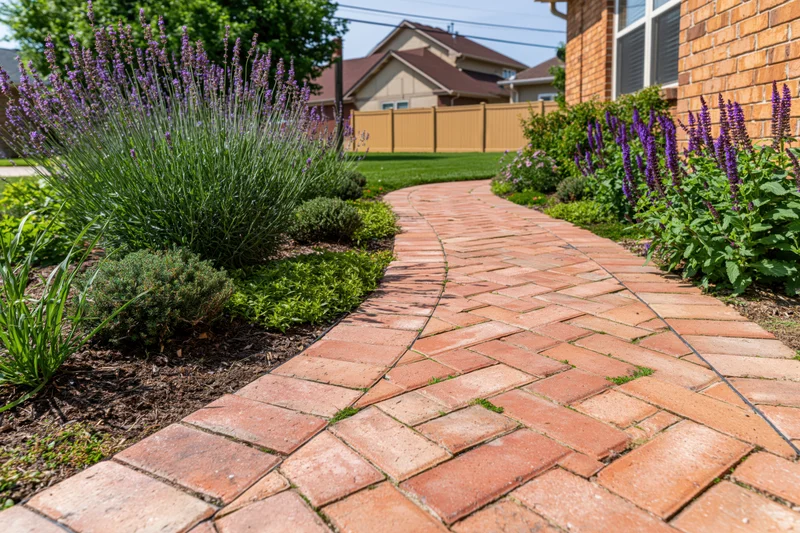 Curved brick paver pathway through front garden bordered by lavender and shrubs near residential house