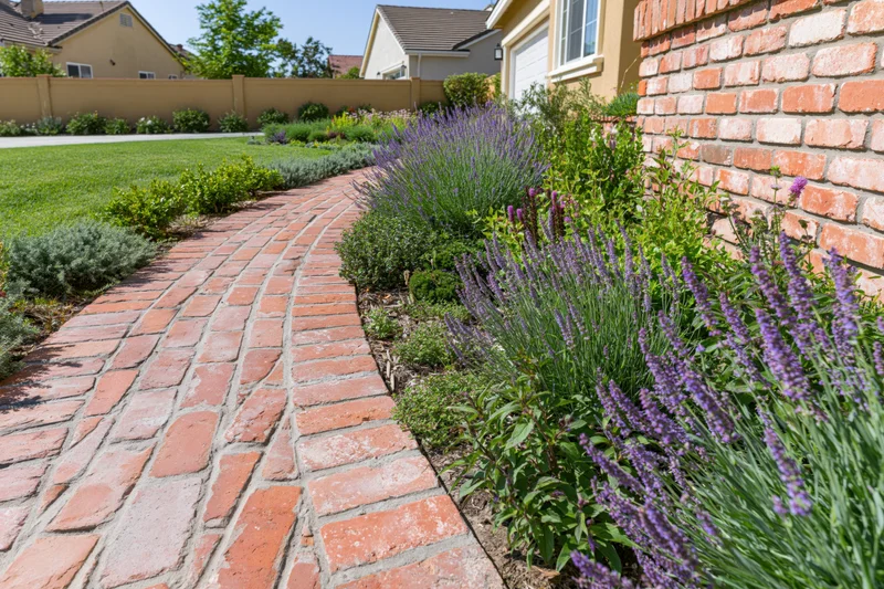 Residential front garden with curved brick paver pathway lead