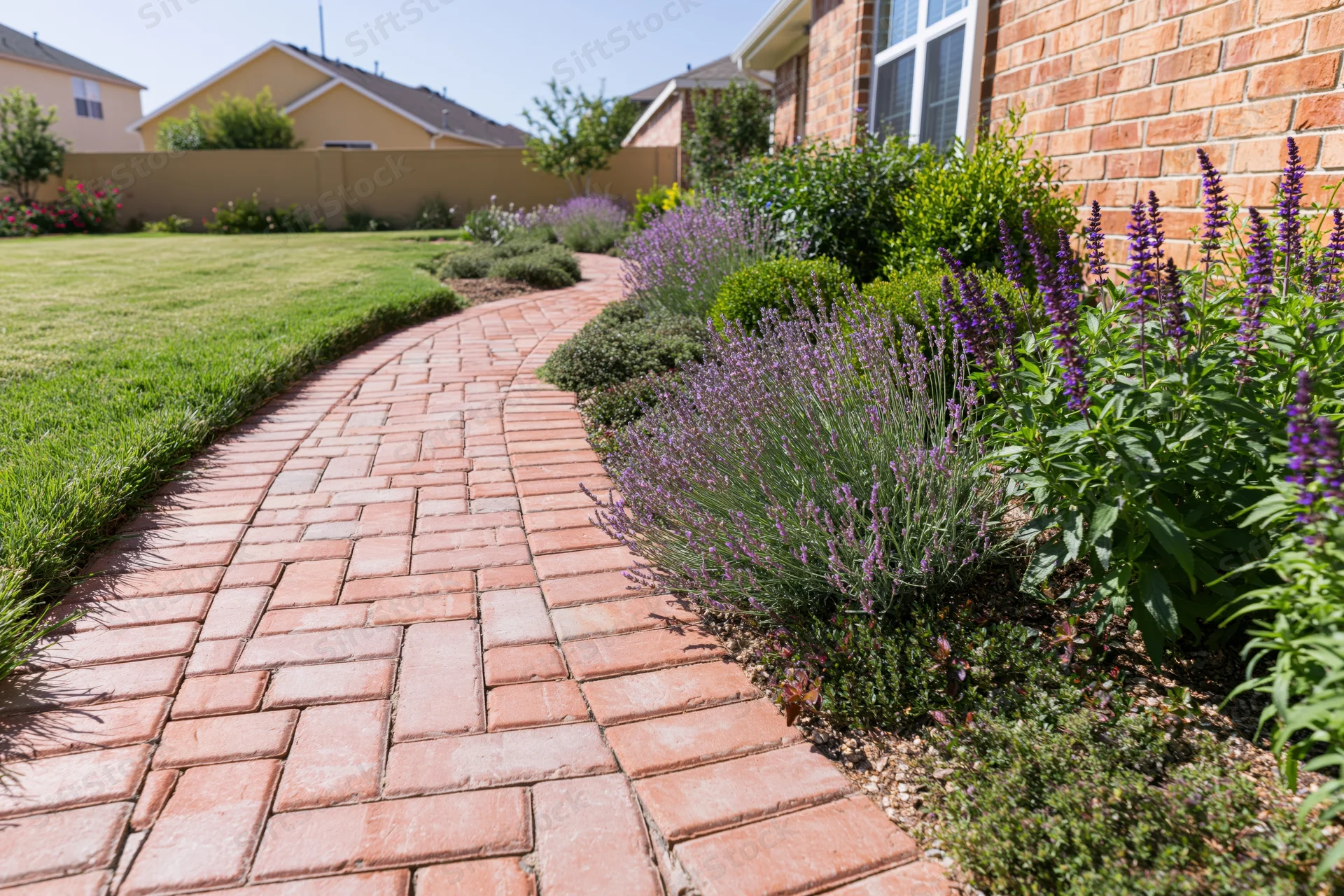 Curved brick paver pathway through front garden with lavender and shrubs alongside lawn and house exterior