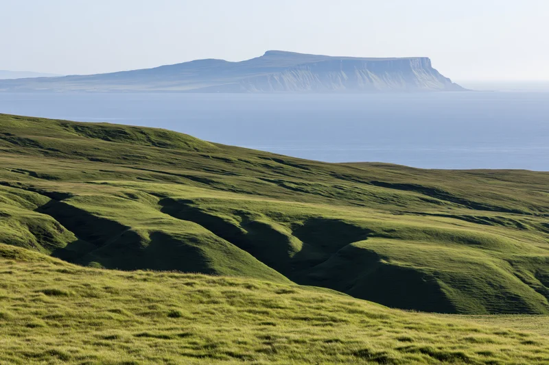 Rolling green highland hills with deep shadows overlooking the ocean and a distant cliffed island