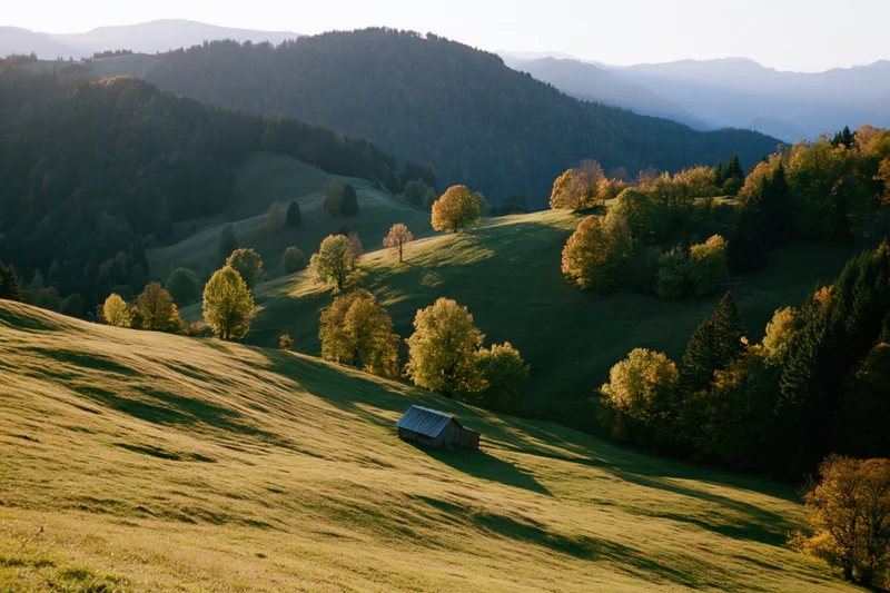 Rolling green hills with scattered trees and a small barn in a mountain valley at golden hour