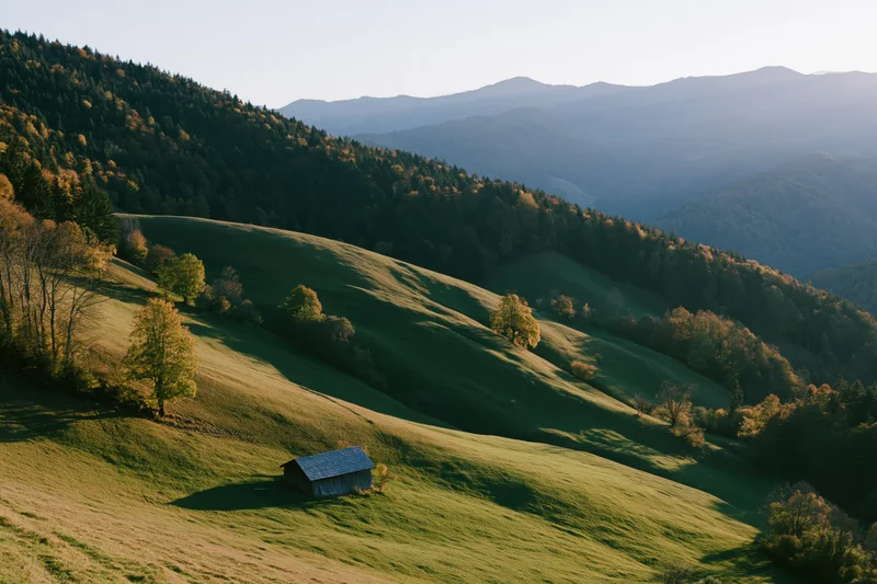 Small wooden cabin on a grassy hillside in a mountain valley at golden hour