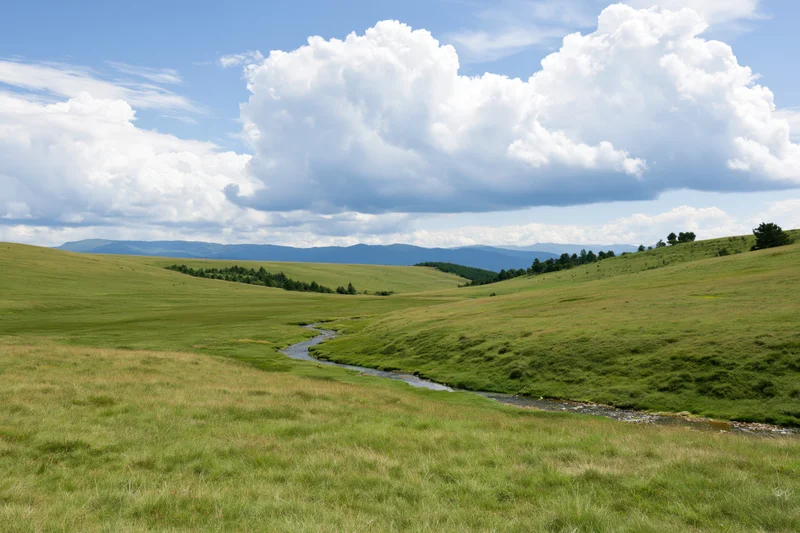 Rolling green meadow hills with a winding stream under a cloudy blue sky