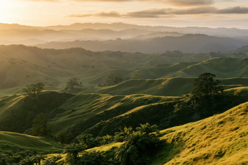 Rolling green hills under golden sunset light in rural countryside