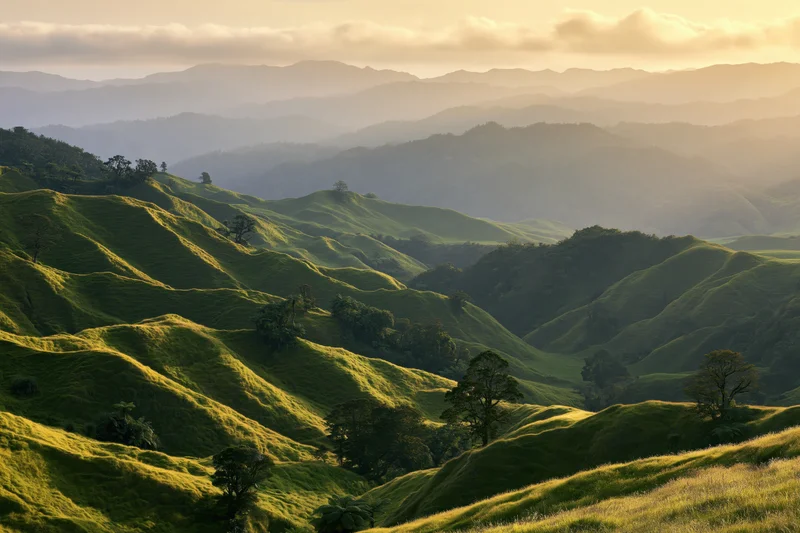 Rolling green hills under golden late afternoon light with layered valleys and scattered trees