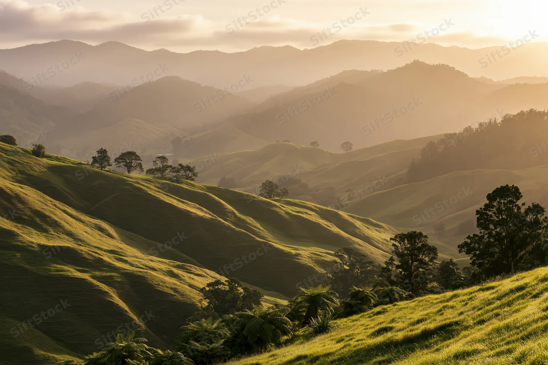 Rolling green hills under golden sunset light in rural countryside