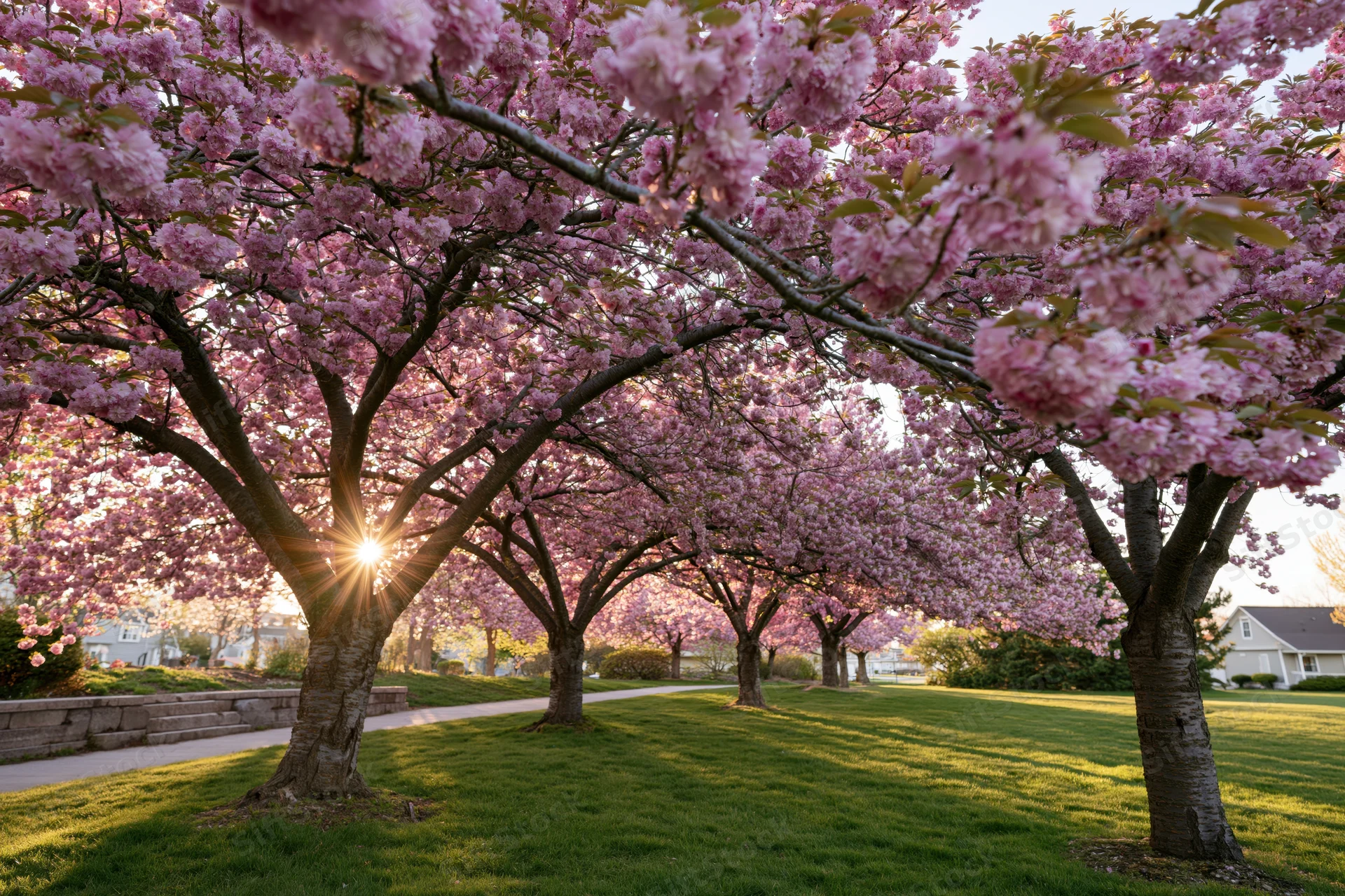 Row of cherry blossom trees in full bloom arching over a grassy park pathway with sunlight filtering through the canopy