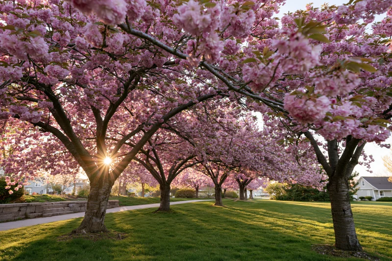 Row of cherry blossom trees in full bloom arching over a grassy park pathway with sunlight filtering through the canopy